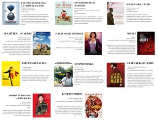 UNE SUITE QUI DERANGE -
 LE TEMPS DE LACTION
LE CHÂTEAU DE VERRE
ESPÈCES MENACÉES
DEMAIN ET TOUS LES
AUTRES JOURS
LE PETIT SPIROU
DES TRÉSORS PLEIN
MA POCHE
KALACHAKRA - L'EVEIL
MONEY
LE JEUNE KARL MARXSTUPID THINGS
1h 45min / Drame
De Gilles Bourdos
Avec Alice Isaaz, Vincent Rottiers, Grégory Gadebois
Trois destins familiaux entrelacés. Joséphine et Tomaz
viennent de se marier dans l’allégresse. Mais bientôt,
derrière le bonheur solaire des époux, les parents de
Joséphine vont découvrir une réalité plus sombre. 
1h 31min / Drame
De Noémie Lvovsky
Avec Luce Rodriguez, Noémie Lvovsky, Mathieu
Amalric
Mathilde a 9 ans. Ses parents sont séparés. Elle vit seule
avec sa mère, une personne fragile à la frontière de la
folie. C'est l'histoire d'un amour unique entre une fille et
sa mère que le film nous raconte.
2h 08min / Drame, Biopic
De Destin Daniel Cretton
Avec Brie Larson, Woody Harrelson, Naomi Watts
Jeannette Walls, chroniqueuse mondaine à New-York, a
tout pour réussir et personne ne peut imaginer quelle fut
son enfance. Elevée par un père charismatique, inventeur
loufoque qui promet à ses enfants de leur construire un
château de verre mais qui reste hanté par ses propres
démons, et une mère artiste fantasque et irresponsable, elle
a dû prendre en charge ses frères et sœurs...
0h 35min / Animation
De Ana Chubinidze, Natalia Chernysheva, Camille
Müller
Avec acteurs inconnus
Qu’on ait dans la poche un petit bonhomme, une flûte ou
beaucoup de courage, on a tous un secret pour apprendre
à grandir, s’entraider ou réaliser ses rêves ! Six jeunes
réalisatrices emmènent les plus petits dans leurs univers
tendres, drôles et poétiques.
 1h 34min / Drame, Comédie
De Claire Denis
Avec Juliette Binoche, Xavier Beauvois, Philippe
Katerine
Isabelle, divorcée, un enfant, cherche un amour. Enfin
un vrai amour.
 1h 15min / Drame
De Amman Abbasi
Avec Devin Blackmon, Kordell "KD" Johnson, Chasity
Moore
C'est l'été. Dayveon a 13 ans, et un grand frère mort trop
tôt. Dans la chaleur étouffante de sa petite ville de
l'Arkansas, sur son vélo, il traine sa mélancolie. Lorsqu'il
intègre le gang local, les Blood, c'est à la fois la violence de
ce monde et de nouveaux liens d'amitié qui font irruption
dans sa vie...
1h 26min / Comédie, Famille
De Nicolas Bary
Avec Sacha Pinault, Pierre Richard, François Damiens
Petit Spirou, comme toute sa famille avant lui, a un
destin professionnel tout tracé. Quand sa mère lui
annonce qu’il intègrera dès la rentrée prochaine l’école
des grooms, Petit Spirou, avec l’aide de ses copains, va
profiter de ses derniers jours de classe pour déclarer sa
flamme à Suzette.
1h 20min / Documentaire
De Natalie Fuchs
Avec acteurs inconnus
Immergée dans la cité animée et colorée de
Dharamsala (Inde du Nord), Natalie fait la rencontre
de trois tibétains qui vont l’amener à la grande
initiation du Kalachakra conduite par Sa Sainteté le
Dalaï-lama et suivit par des millions de personnes.
 Thriller
De Gela Babluani
Avec George Babluani, Vincent Rottiers, Charlotte Van
Bervesselès
Fatigués de leurs fins de mois difficiles, trois jeunes sans
avenir voient l'opportunité de gagner beaucoup d'argent
en volant une mallette à un notable du Havre. Sans le
savoir, ils viennent de braquer un secrétaire d'État
corrompu et de voler l'argent d'une entreprise criminelle.
Débute alors, une spirale qui les dépasse complètement.
 1h 58min / Drame, Historique, Biopic
De Raoul Peck
Avec August Diehl, Stefan Konarske, Vicky Krieps
1844. De toute part, dans une Europe en ébullition,
les ouvriers, premières victimes de la “Révolution
industrielle”, cherchent à s'organiser devant un
“capital” effréné qui dévore tout sur son passage. Karl
Marx, journaliste et jeune philosophe de 26 ans,
victime de la censure d’une Allemagne répressive,
s’exile à Paris avec sa femme Jenny où ils vont faire
une rencontre décisive : Friedrich Engels, fils révolté
d’un riche industriel Allemand.
1h 38min / Documentaire
De Bonni Cohen, Jon Shenk
Avec Al Gore
L’ex vice-président Al Gore poursuit infatigablement
son combat en voyageant autour du monde pour former
une armée de défenseurs du climat et exercer son
influence sur la politique climatique internationale. il
défend l’idée que les périls du changement climatique
peuvent être surmontés par l’ingéniosité et la passion des
hommes.
UN BEAU SOLEIL  INTÉRIEUR
 