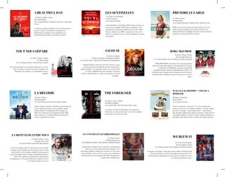 A BEAUTIFUL DAY
TOUT NOUS SÉPARE
LA MÉLODIE
LA MONTAGNE ENTRE NOUS EN ATTENDANT LES HIRONDELLES
LES SENTINELLES PRENDRE LE LARGE
WALLACE & GROOMIT - COEURS A
MODELER THE FOREIGNER
1h 42min / Drame
De Rachid Hami
Avec Kad Merad, Samir Guesmi, Renély Alfred
Simon, violoniste émérite et désabusé, échoue dans une
classe-orchestre parisienne où ses méthodes rigides
rendent difficile l’enseignement de la musique aux
élèves de la classe de 6e du magnanime Farid. Mais
dans la classe, il y a le timide Arnold, fasciné par le
violon, sa gestuelle et ses sons.
 1h 47min / Drame, Action
De Hany Abu-Assad
Avec Kate Winslet, Idris Elba, Beau Bridges
Livrés à eux-mêmes après le crash de leur avion en pleine
montagne, deux étrangers doivent compter l’un sur l’autre
pour faire face aux conditions extrêmes. Réalisant qu’ils
n’ont aucun espoir d’être secourus, ils tentent leur chance à
travers des centaines de kilomètres de nature hostile,
acceptant que ce n’est qu’ensemble qu’ils pourront trouver
le courage de tenter de survivre.
1h 38min / Drame, Thriller
De Thierry Klifa
Avec Catherine Deneuve, Diane Kruger, Nekfeu
Une maison bourgeoise au milieu de nulle part. Une cité à
Sète. Une mère et sa fille. Deux amis d’enfance. Une
disparition. Un chantage. La confrontation de deux
mondes.
 1h 31min / Documentaire
De Pierre Pezerat
Avec acteurs inconnus
Josette Roudaire et Jean-Marie Birbès étaient ouvriers, en
contact avec l'amiante. Paul François, agriculteur, a été
intoxiqué par un pesticide de Monsanto, le Lasso. Henri
Pézerat, chercheur au CNRS, a marqué leurs vies en les
aidant à se battre pour que ces crimes industriels ne restent
pas impunis…
1h 42min / Comédie
De David Foenkinos, Stéphane Foenkinos
Avec Karin Viard, Anne Dorval, Thibault de Montalembert
Nathalie Pêcheux, professeure de lettres divorcée, passe
quasiment du jour au lendemain de mère attentionnée à
jalouse maladive. Si sa première cible est sa ravissante fille
de 18 ans, Mathilde, danseuse classique, son champ
d'action s'étend bientôt à ses amis, ses collègues, voire son
voisinage... 
1h 54min / Action, Thriller
De Martin Campbell
Avec Jackie Chan, Pierce Brosnan, Katie Leung
A Londres, un modeste propriétaire de restaurant de
Chinatown va tenter de retrouver les terroristes irlandais
responsables de la mort de sa fille.
1h 53min / Drame
De Karim Moussaoui
Avec Mohamed Djouhri, Sonia Mekkiou, Mehdi Ramdani
Aujourd’hui, en Algérie. Passé et présent s’entrechoquent
dans les vies d’un riche promoteur immobilier, d’un
neurologue ambitieux rattrapé par son passé, et d’une jeune
femme tiraillée entre la voie de la raison et ses sentiments.
Trois histoires qui nous plongent dans l'âme humaine de la
société arabe contemporaine.
1h 43min / Drame
De Gaël Morel
Avec Sandrine Bonnaire, Mouna Fettou, Kamal El Amri
Edith, 45 ans, ouvrière dans une usine textile, voit sa vie
bouleversée par un plan social. Loin de son fils et sans
attache, plutôt que le chômage, elle est la seule à choisir de
rejoindre son usine délocalisée au Maroc…
 1h 48min / Biopic, Drame
De Janus Metz Pedersen
Avec Shia LaBeouf, Sverrir Gudnason, Stellan Skarsgård
BORG/McENROE est un film sur une des plus grandes
icônes du monde, Björn Borg, et son principal rival, le jeune
et talentueux John McEnroe, ainsi que sur leur duel
légendaire durant le tournoi de Wimbledon de 1980. C’est
l’histoire de deux hommes qui ont changé la face du tennis et
sont entrés dans la légende, mais aussi du prix qu’ils ont eu à
payer.
0h 59min / Animation
De Nick Park
Avec acteurs inconnus
Vous les connaissiez inventeurs ? Les voici entrepreneurs !
Nettoyeurs de vitres ou boulangers, Wallace et Gromit mettent
du cœur à l’ouvrage. Un peu trop peut-être… Dans Rasé de
près (première apparition de Shaun le mouton) comme dans Un
sacré pétrin (inédit au cinéma), l’amour aveugle de Wallace va
précipiter le duo dans de folles aventures aux allures de polar !
 1h 25min / Thriller, Drame
De Lynne Ramsay
Avec Joaquin Phoenix, Ekaterina Samsonov, Alessandro
Nivola
La fille d’un sénateur disparaît. Joe, un vétéran brutal et
torturé, se lance à sa recherche. Confronté à un
déferlement de vengeance et de corruption, il est
entraîné malgré lui dans une spirale de violence...
JALOUSE BORG/McENROE
 2h 17min / Documentaire
De Jean-Baptiste Thoret
Avec Michael Mann, Peter Bogdanovich, Paul Schrader
Comment l’Amérique est-elle passée d’Easy Rider à Donald Trump
? Que sont devenus les rêves et les utopies des années 60 et 70 ?
Qu’en pensent, aujourd’hui, ceux qui ont vécu cet âge d’or ? Ont-
ils vraiment tout foutu en l’air ?
WE BLEW IT
 