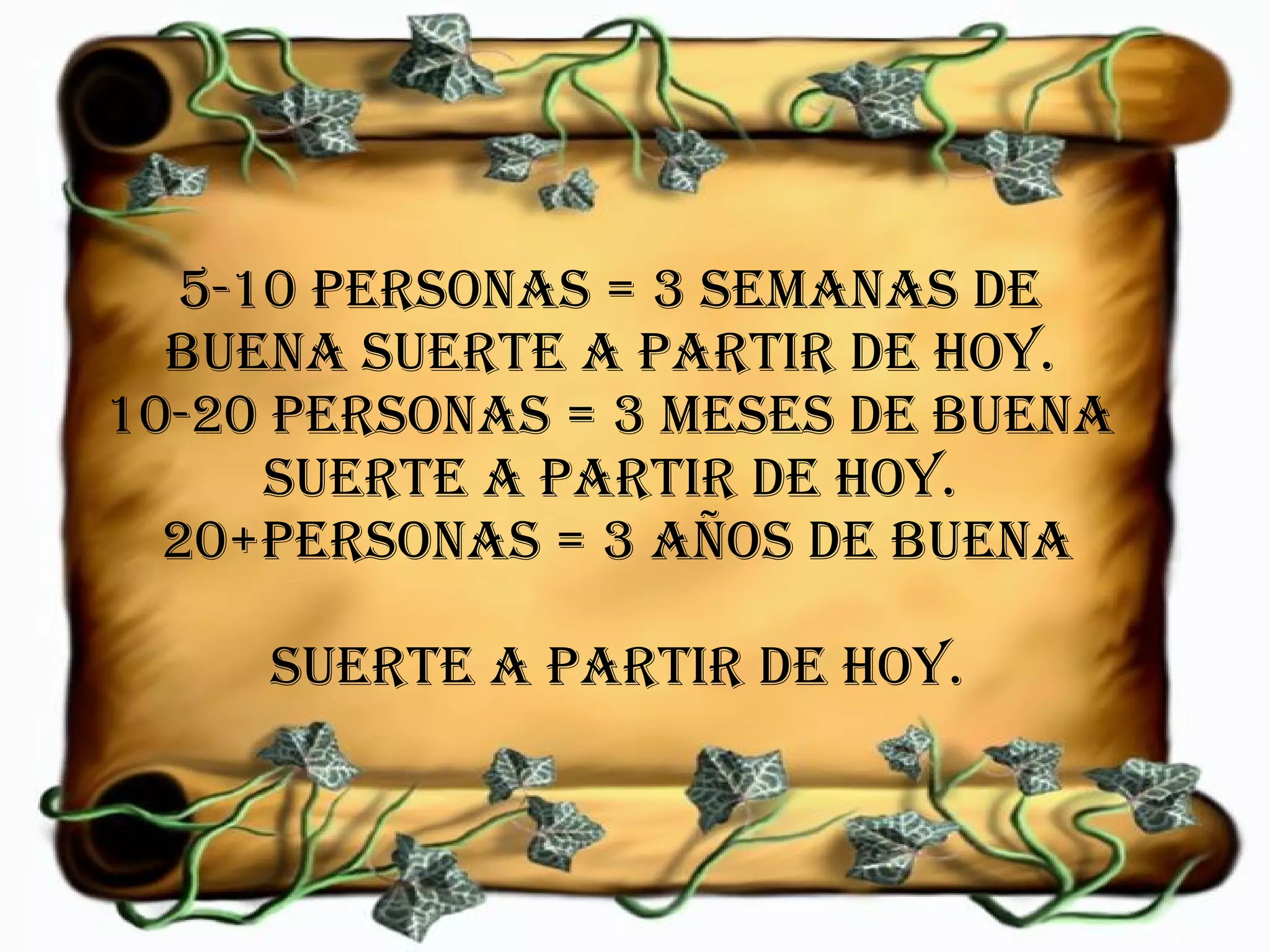 5-10 personas = 3 semanas de buena suerte a partir de hoy. 10-20 personas = 3 meses de buena suerte a partir de hoy.  20+personas = 3 años de buena suerte a partir de hoy. 