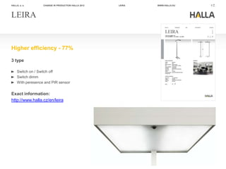 HALLA, a. s.       CHANGE IN PRODUCTION HALLA 2012   LEIRA   WWW.HALLA.EU   7




LEIRA


Higher efficiency - 77%

3 type

     Switch on / Switch off
     Switch dimm
     With peresence and PIR sensor


Exact information:
http://www.halla.cz/en/leira
 