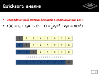 Quicksort: анализ
 Упорядоченный массив делится в соотношении 1:n-1
 𝑻 𝒏 = с 𝟏 + 𝒄 𝟐 𝒏 + 𝑻 𝒏 − 𝟏 =
𝟏
𝟐
𝒄 𝟐 𝒏 𝟐 + 𝒄 𝟏 𝒏 = 𝑶 𝒏 𝟐
1 2 3 4 5 6 7 8
1 2 3 4 5 6 7 8
1 2 3 4 5 6 7 8
1 2 3 4 5 6 7 8
* * * * * * * * * * * * * * * * * * * *
42
 