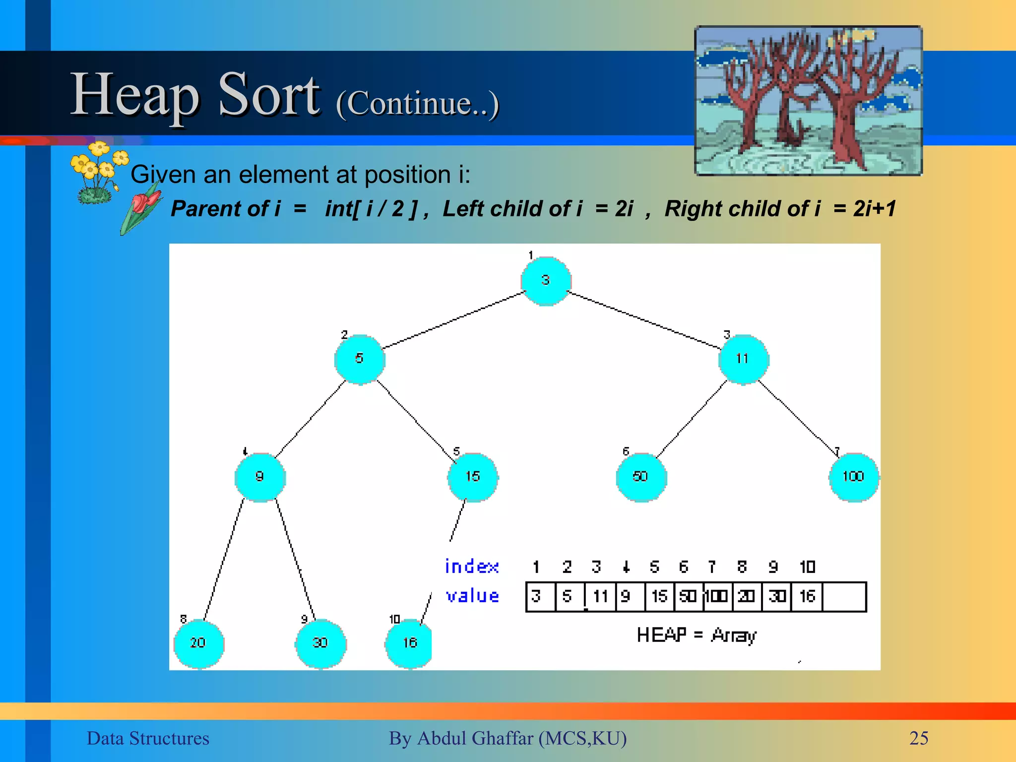 Heap Sort  (Continue..) Given an element at position i: Parent of i  =  int[ i / 2 ] ,  Left child of i  = 2i  ,  Right child of i  = 2i+1 