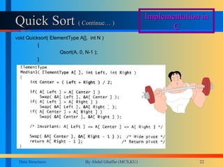 Quick Sort  ( Continue… ) void Quicksort( ElementType A[],  int N ) {  Qsort(A, 0, N-1 ); } Implementation in C 
