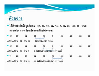 ตัวอยาง
  ใหเรียงลําดับขอมูลตัวเลข 27, 36, 58, 42, 96, 7, 12, 23, 101, 33 แบบ
  Insertion Sort โดยเรียงจากนอยไปหามาก
  27 36         42      58         96     7      12     23      101       33
เปรียบเทียบ 58 กับ 96     ไมมีการแทรก จะได
  27 36         42      58         96     7      12     23      101       33
เปรียบเทียบ 96 กับ 7    7 จะไปแทรกกอนหนา 27 จะได
  7       27    36      42         58     96     12     23      101       33
เปรียบเทียบ 96 กับ 12   12 จะไปแทรกกอนหนา 27 จะได
 