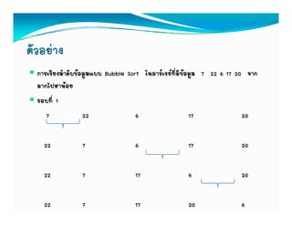 ตัวอยาง
  การเรียงลําดับขอมูลแบบ Bubble Sort ในอารเรยทีมีขอมูล 7 22 6 17 20 จาก
            ํ ั                      ใ   ่
  มากไปหานอย
  รอบทีี่ 1
     7             22               6                  17              20

    22          7                 6                 17               20

    22          7                 17                6                20

    22          7                 17                20               6
 