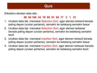 Quiz
Diketahui deretan data sbb.
80 84 100 24 79 85 91 65 17 3 1 21
1. Urutkan data tsb. memakai Selection Sort, agar elemen terkecil berada
paling depan (urutan pertama), semakin ke belakang semakin besar
2. Urutkan data tsb. memakai Selection Sort, agar elemen terbesar
berada paling depan (urutan pertama), semakin ke belakang semakin
kecil
3. Urutkan data tsb. memakai Insertion Sort, agar elemen terkecil berada
paling depan (urutan pertama), semakin ke belakang semakin besar
4. Urutkan data tsb. memakai Insertion Sort, agar elemen terbesar berada
paling depan (urutan pertama), semakin ke belakang semakin kecil

 