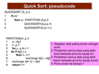 Quick Sort: pseudocode
QUICKSORT (A, p,r)
1
If p<r
2
then q←PARTITION (A,p,r)
3
QUICKSORT(A,p,q-1)
4
QUICKSORT(A,q+1,r)

PARTITION(A, p,r)
1
x←A[r]
2
i←p-1
3
for j←p to r-1
4 do if A[j] < x
5
then i←i+1
6
exchange A[i] ↔A[j]
7
exchange A[i+1] ↔A[r]
8
return i+1

1. Tetapkan data paling kanan sebagai
pivot
2. Pindahkan semua data yang lebih
kecil daripada pivot ke sayap kiri
3. Pindahkan semua data yang lebih
besar daripada pivot ke sayap kanan
4. Pivot urutan ke berapa ?

 