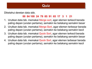 Quiz
Diketahui deretan data sbb.
80 84 100 24 79 85 91 65 17 3 1 21
1. Urutkan data tsb. memakai Merge sort, agar elemen terkecil berada
paling depan (urutan pertama), semakin ke belakang semakin besar
2. Urutkan data tsb. memakai Merge Sort, agar elemen terbesar berada
paling depan (urutan pertama), semakin ke belakang semakin kecil
3. Urutkan data tsb. memakai Quick Sort, agar elemen terkecil berada
paling depan (urutan pertama), semakin ke belakang semakin besar
4. Urutkan data tsb. memakai Quick Sort, agar elemen terbesar berada
paling depan (urutan pertama), semakin ke belakang semakin kecil

 