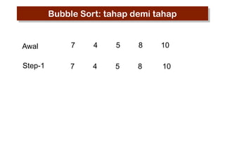 Bubble Sort: tahap demi tahap

Awal

7

4

5

8

10

Step-1

7

4

5

8

10

 