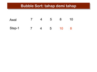 Bubble Sort: tahap demi tahap

Awal

7

4

5

8

10

Step-1

7

4

5

10

8

 
