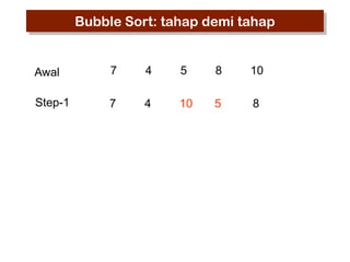 Bubble Sort: tahap demi tahap

Awal

7

4

5

8

10

Step-1

7

4

10

5

8

 