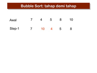 Bubble Sort: tahap demi tahap

Awal

7

4

5

8

10

Step-1

7

10

4

5

8

 