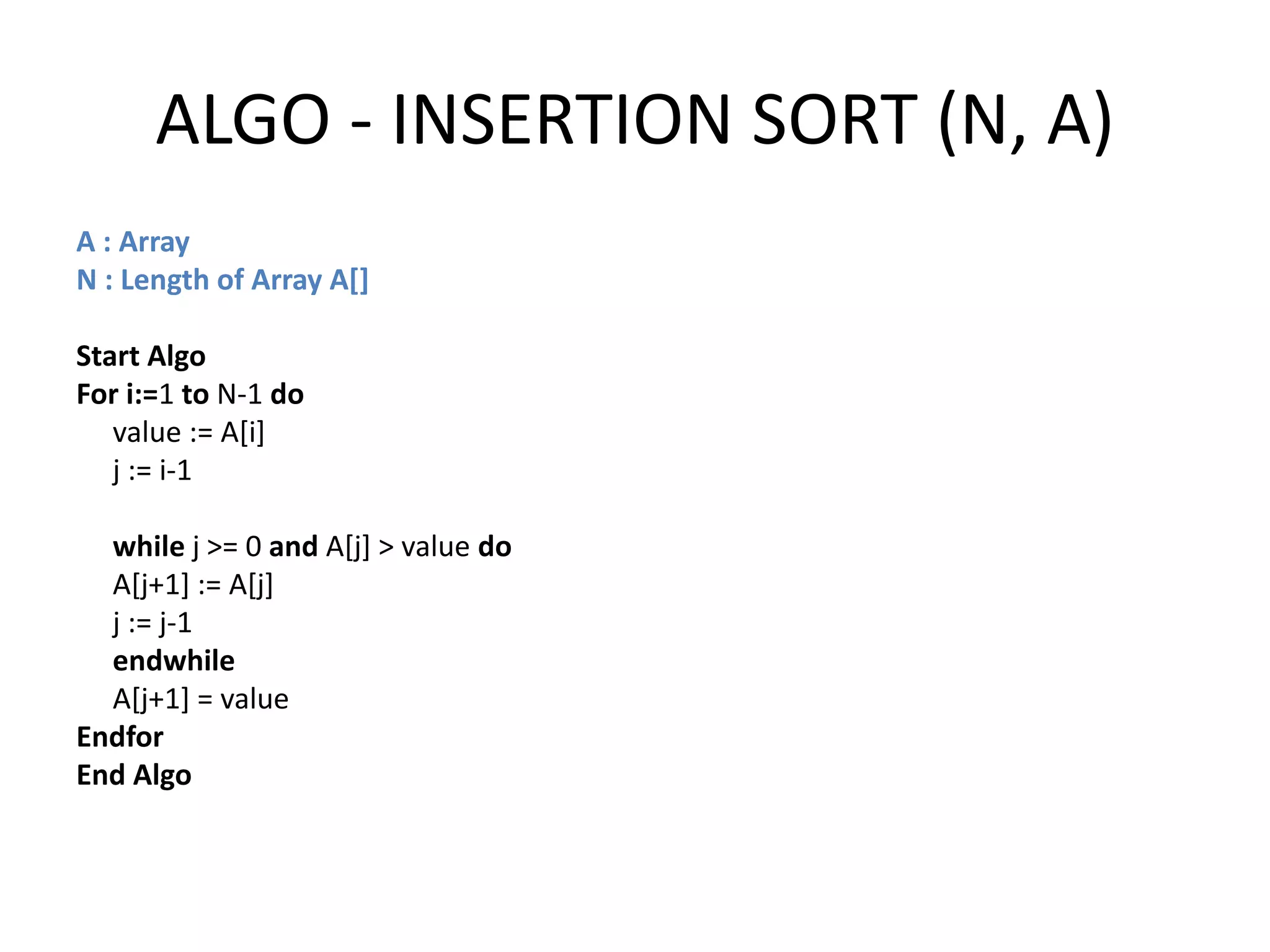 ALGO - INSERTION SORT (N, A)
A : Array
N : Length of Array A[]
Start Algo
For i:=1 to N-1 do
value := A[i]
j := i-1
while j >= 0 and A[j] > value do
A[j+1] := A[j]
j := j-1
endwhile
A[j+1] = value
Endfor
End Algo
 