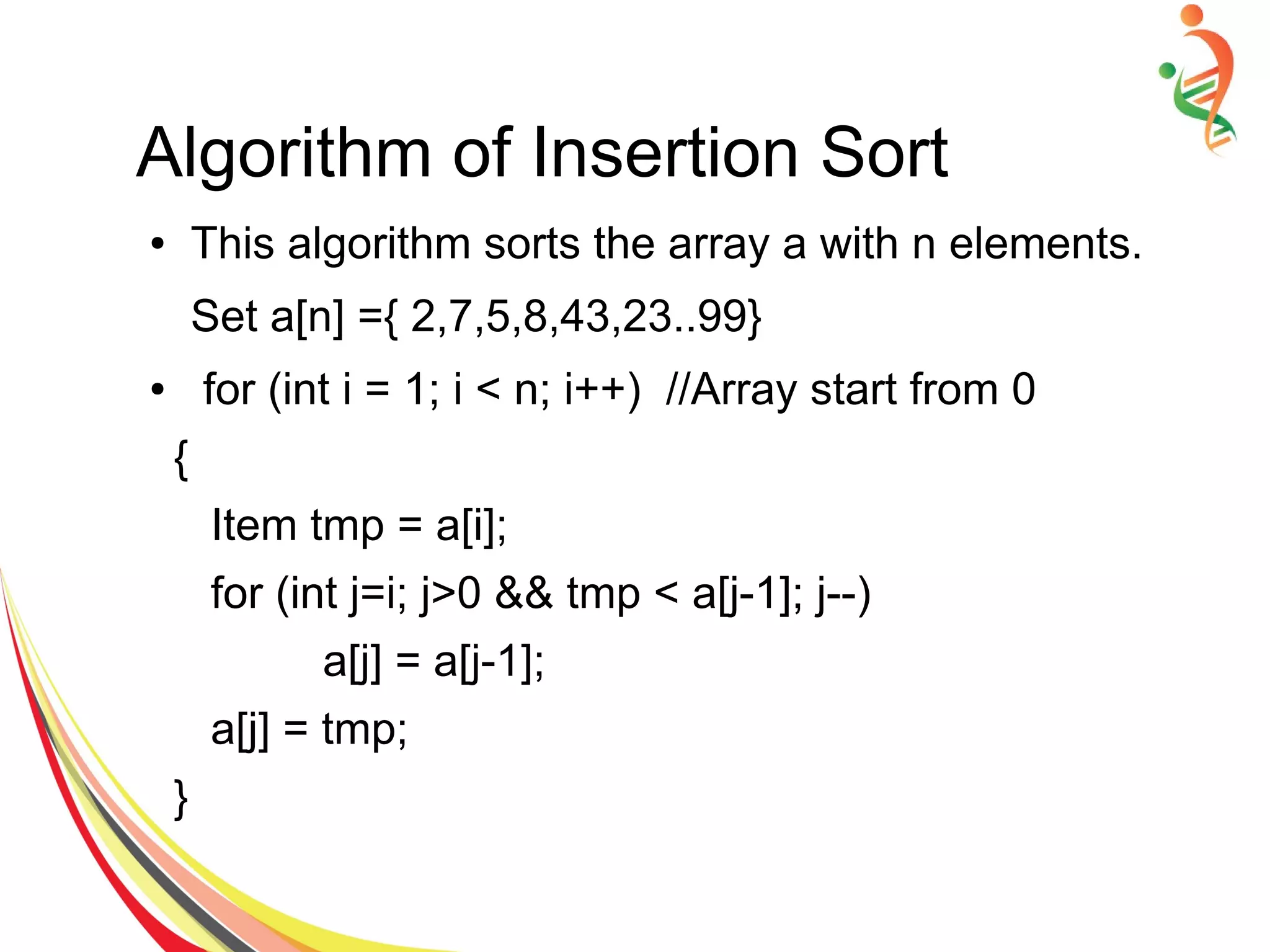 Algorithm of Insertion Sort
● This algorithm sorts the array a with n elements.
Set a[n] ={ 2,7,5,8,43,23..99}
● for (int i = 1; i < n; i++) //Array start from 0
{
Item tmp = a[i];
for (int j=i; j>0 && tmp < a[j-1]; j--)
a[j] = a[j-1];
a[j] = tmp;
}
 