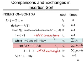 22
Comparisons and Exchanges in
Insertion Sort
INSERTION-SORT(A)
for j ← 2 to n
do key ← A[ j ]
Insert A[ j ] into the sorted sequence A[1 . . j -1]
i ← j - 1
while i > 0 and A[i] > key
do A[i + 1] ← A[i]
i ← i – 1
A[i + 1] ← key
cost times
c1 n
c2 n-1
0 n-1
c4 n-1
c5
c6
c7
c8 n-1
 
n
j jt2
 

n
j jt2
)1(
 

n
j jt2
)1(
 n2/2 comparisons
 n2/2 exchanges
 