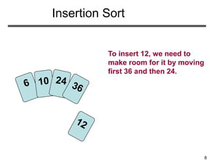 8
To insert 12, we need to
make room for it by moving
first 36 and then 24.
Insertion Sort
 