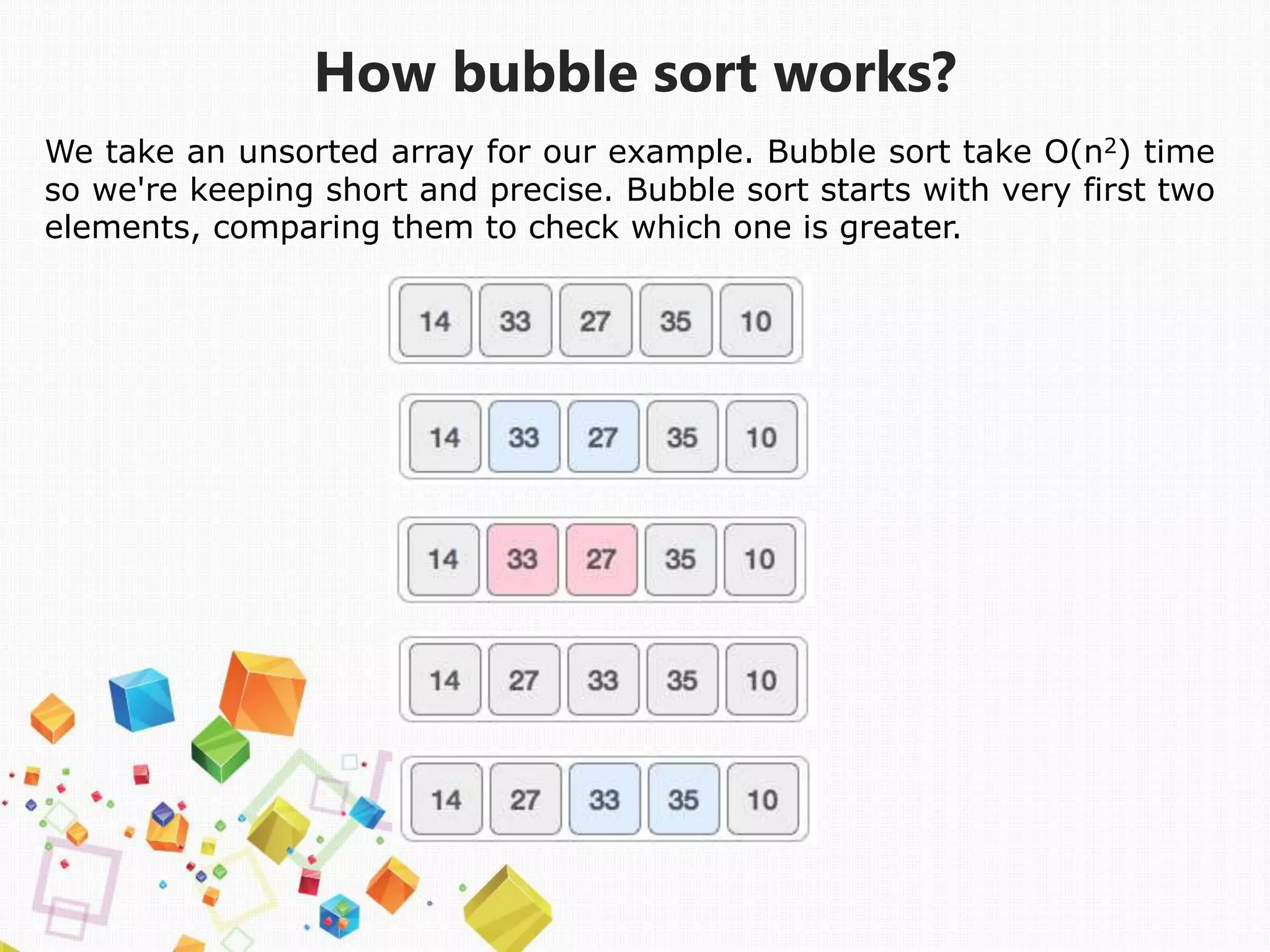 How bubble sort works?
We take an unsorted array for our example. Bubble sort take Ο(n2) time
so we're keeping short and precise. Bubble sort starts with very first two
elements, comparing them to check which one is greater.
 