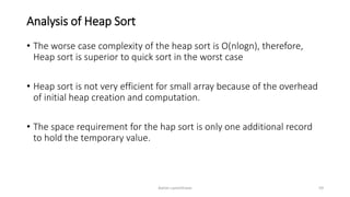 Analysis of Heap Sort
• The worse case complexity of the heap sort is O(nlogn), therefore,
Heap sort is superior to quick sort in the worst case
• Heap sort is not very efficient for small array because of the overhead
of initial heap creation and computation.
• The space requirement for the hap sort is only one additional record
to hold the temporary value.
Ashim Lamichhane 59
 