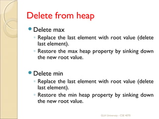 Delete from heap
Delete max
◦ Replace the last element with root value (delete
last element).
◦ Restore the max heap property by sinking down
the new root value.
Delete min
◦ Replace the last element with root value (delete
last element).
◦ Restore the min heap property by sinking down
the new root value.
GLA University - CSE 4070
 