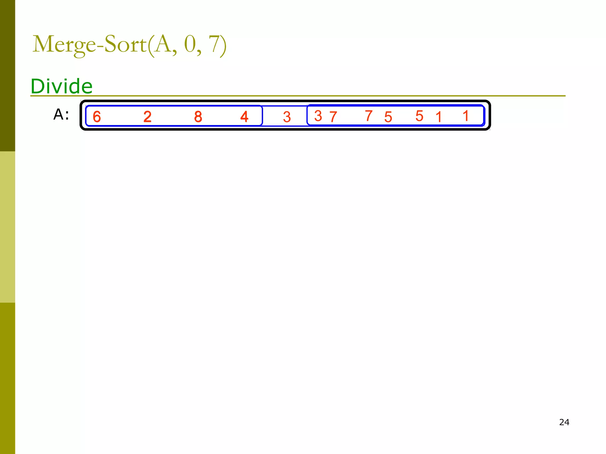 24
6 2 8 4 3 7 5 16 2 8 4 3 7 5 1
Merge-Sort(A, 0, 7)
Divide
A:
 