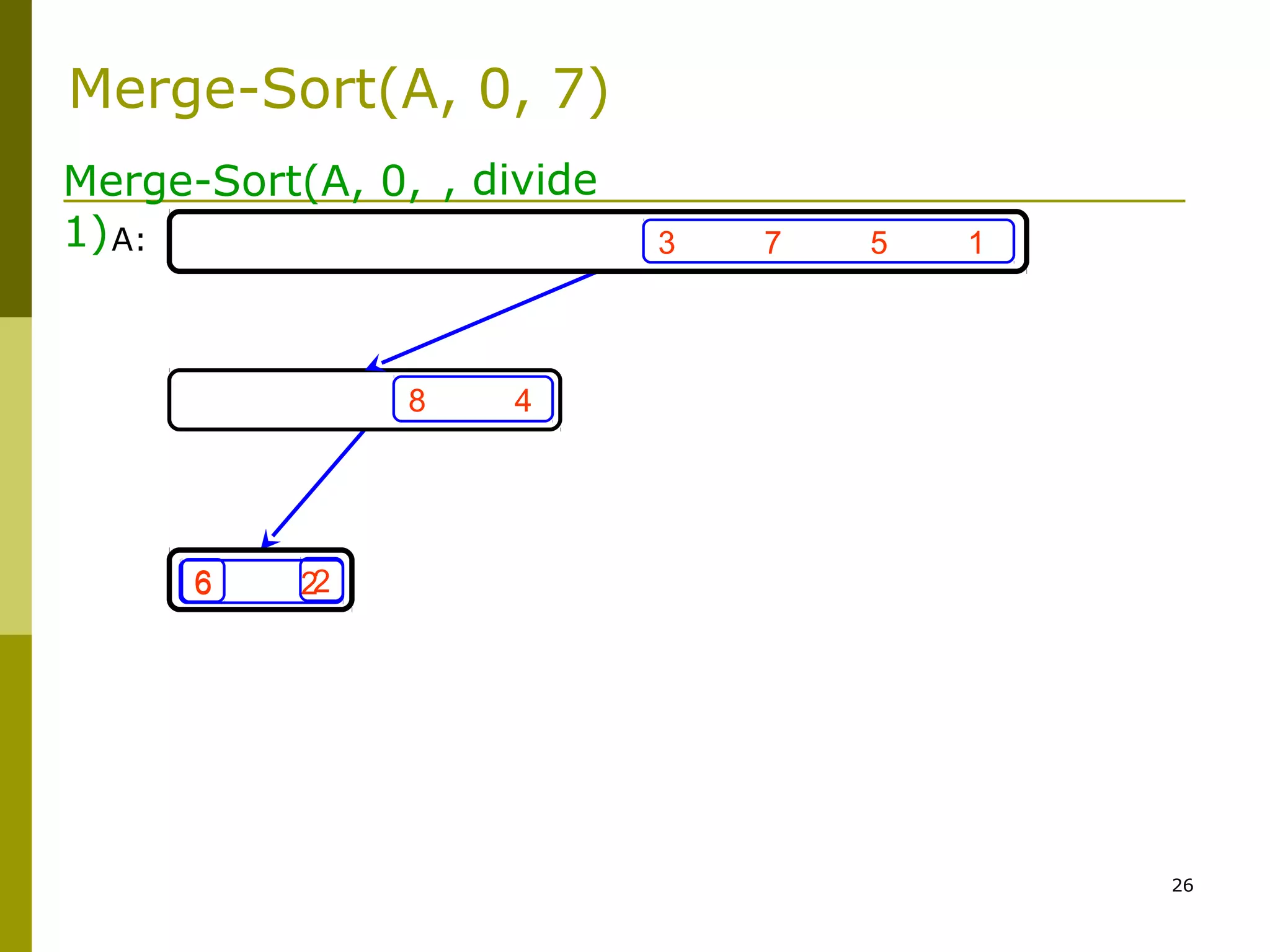 26
3 7 5 1
8 4
6 26 2
Merge-Sort(A, 0,
1)
, divide
A:
Merge-Sort(A, 0, 7)
 
