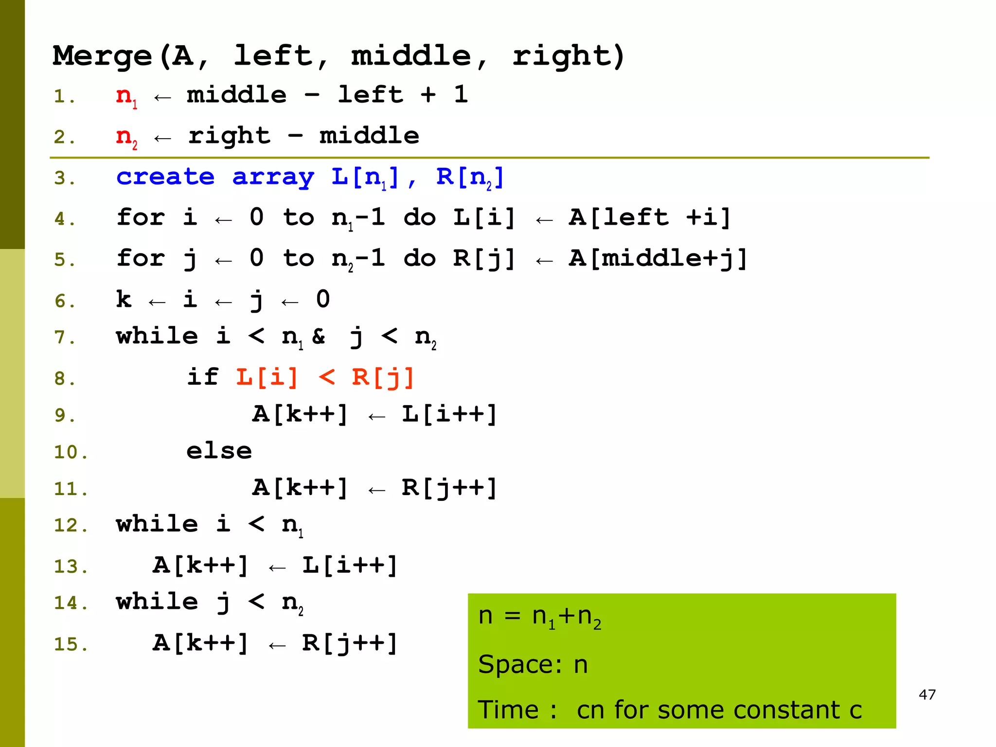 47
Merge(A, left, middle, right)
1. n1 ← middle – left + 1
2. n2 ← right – middle
3. create array L[n1], R[n2]
4. for i ← 0 to n1-1 do L[i] ← A[left +i]
5. for j ← 0 to n2-1 do R[j] ← A[middle+j]
6. k ← i ← j ← 0
7. while i < n1 & j < n2
8. if L[i] < R[j]
9. A[k++] ← L[i++]
10. else
11. A[k++] ← R[j++]
12. while i < n1
13. A[k++] ← L[i++]
14. while j < n2
15. A[k++] ← R[j++]
n = n1+n2
Space: n
Time : cn for some constant c
 