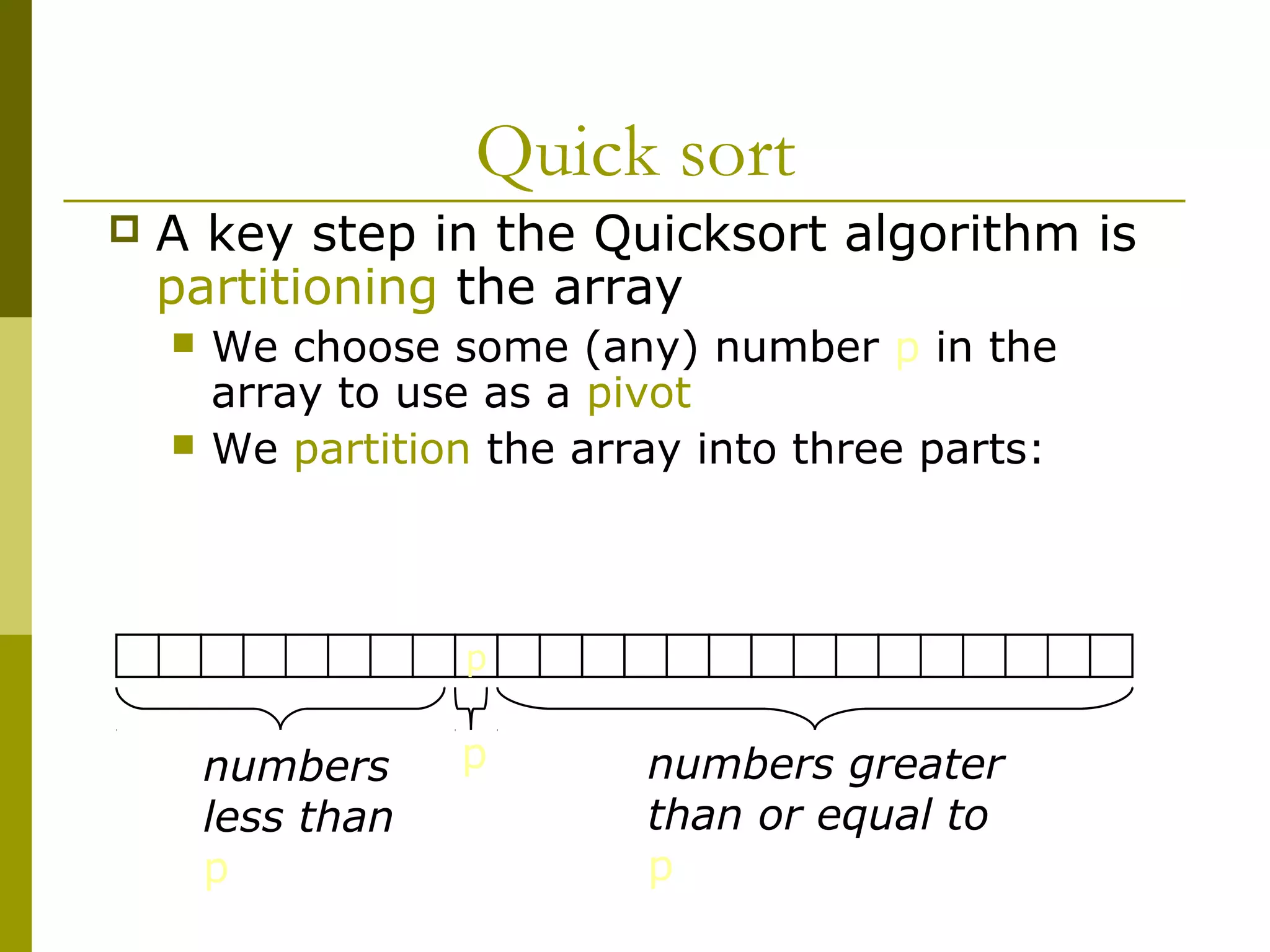 Quick sort
 A key step in the Quicksort algorithm is
partitioning the array
 We choose some (any) number p in the
array to use as a pivot
 We partition the array into three parts:
p
numbers
less than
p
numbers greater
than or equal to
p
p
 