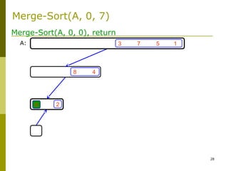 28
3 7 5 1
8 4
6 2
Merge-Sort(A, 0, 0), return
A:
Merge-Sort(A, 0, 7)
 
