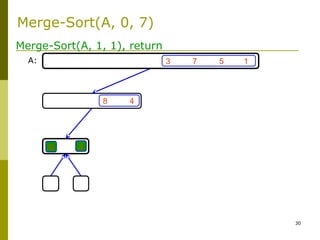 30
3 7 5 1
8 4
6 2
Merge-Sort(A, 1, 1), return
A:
Merge-Sort(A, 0, 7)
 
