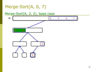34
3 7 5 1
4
2 6
8
Merge-Sort(A, 2, 2), base case
A:
Merge-Sort(A, 0, 7)
 