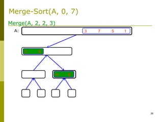 38
3 7 5 1
2 6
4 8
Merge(A, 2, 2, 3)
A:
Merge-Sort(A, 0, 7)
 