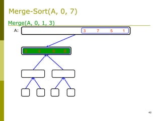 40
3 7 5 1
2 4 6 8
Merge(A, 0, 1, 3)
A:
Merge-Sort(A, 0, 7)
 