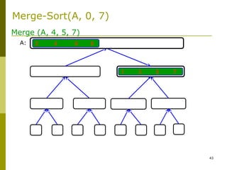 43
1 3 5 7
2 4 6 8A:
Merge (A, 4, 5, 7)
Merge-Sort(A, 0, 7)
 