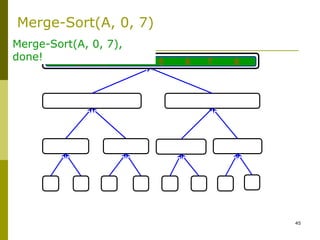 45
1 2 3 4 5 6 7 8
Merge(A, 0, 3, 7)
A:
Merge-Sort(A, 0, 7)
Merge-Sort(A, 0, 7),
done!
 