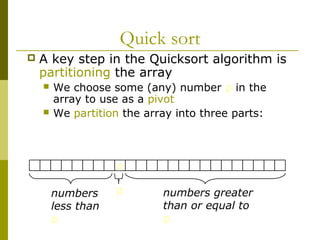 Quick sort
 A key step in the Quicksort algorithm is
partitioning the array
 We choose some (any) number p in the
array to use as a pivot
 We partition the array into three parts:
p
numbers
less than
p
numbers greater
than or equal to
p
p
 