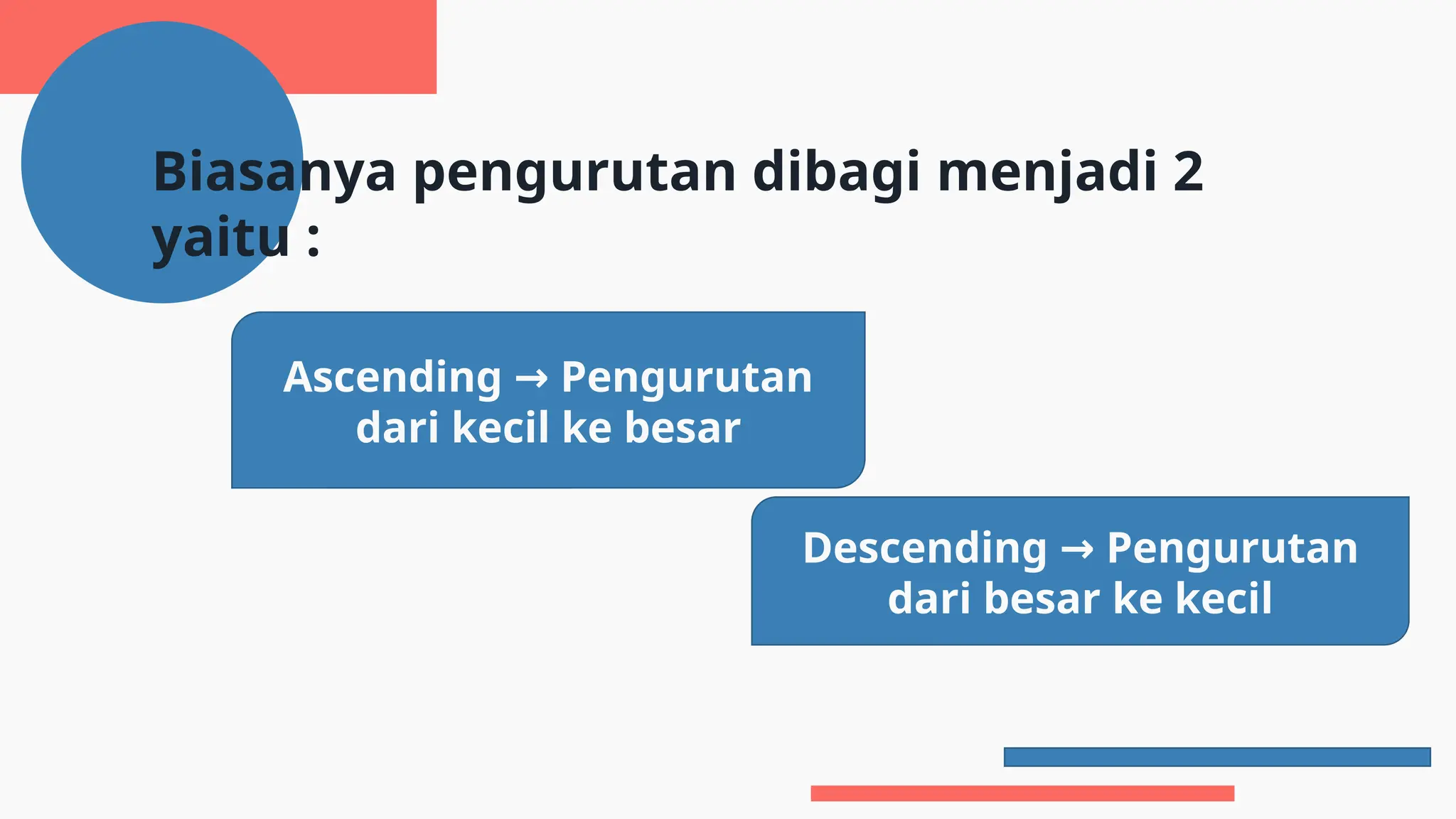 Biasanya pengurutan dibagi menjadi 2
yaitu :
Ascending Pengurutan
→
dari kecil ke besar
Descending Pengurutan
→
dari besar ke kecil
 