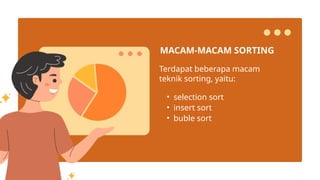 Terdapat beberapa macam
teknik sorting, yaitu:
• selection sort
• insert sort
• buble sort
MACAM-MACAM SORTING
 
