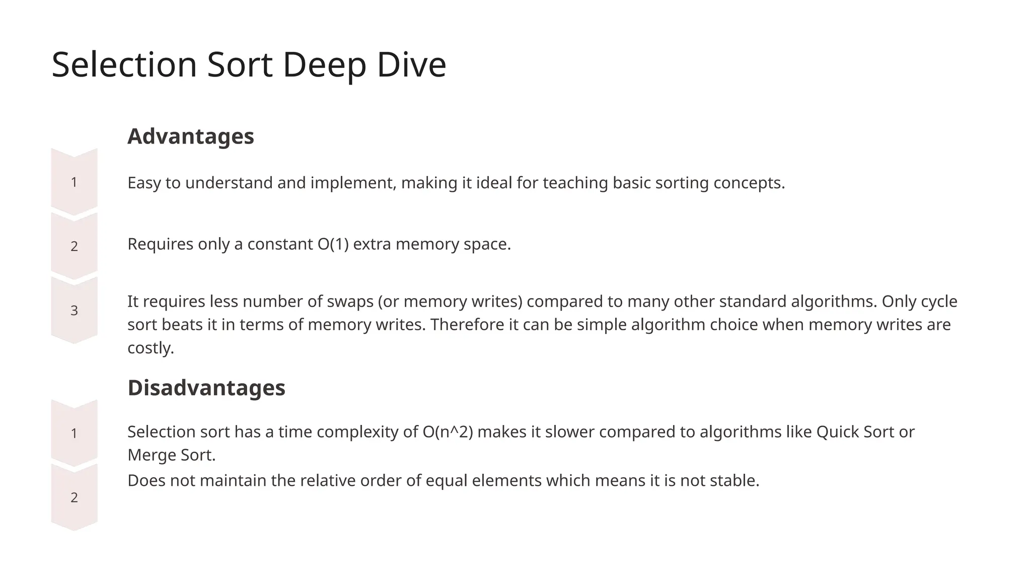 Selection Sort Deep Dive
Advantages
Requires only a constant O(1) extra memory space.
Disadvantages
Easy to understand and implement, making it ideal for teaching basic sorting concepts.
It requires less number of swaps (or memory writes) compared to many other standard algorithms. Only cycle
sort beats it in terms of memory writes. Therefore it can be simple algorithm choice when memory writes are
costly.
Selection sort has a time complexity of O(n^2) makes it slower compared to algorithms like Quick Sort or
Merge Sort.
Does not maintain the relative order of equal elements which means it is not stable.
 