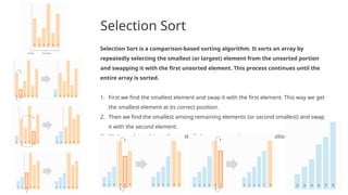 Selection Sort
Selection Sort is a comparison-based sorting algorithm. It sorts an array by
repeatedly selecting the smallest (or largest) element from the unsorted portion
and swapping it with the first unsorted element. This process continues until the
entire array is sorted.
1. First we find the smallest element and swap it with the first element. This way we get
the smallest element at its correct position.
2. Then we find the smallest among remaining elements (or second smallest) and swap
it with the second element.
3. We keep doing this until we get all elements moved to correct position.
 