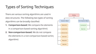 Types of Sorting Techniques
There are various sorting algorithms are used in
data structures. The following two types of sorting
algorithms can be broadly classified:
1. Comparison-based: We compare the elements
in a comparison-based sorting algorithm)
2. Non-comparison-based: We do not compare
the elements in a non-comparison-based sorting
algorithm)
 