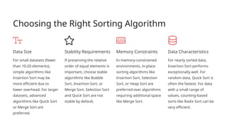 Choosing the Right Sorting Algorithm
Data Size
For small datasets (fewer
than 10-20 elements),
simple algorithms like
Insertion Sort may be
more efficient due to
lower overhead. For larger
datasets, advanced
algorithms like Quick Sort
or Merge Sort are
preferred.
Stability Requirements
If preserving the relative
order of equal elements is
important, choose stable
algorithms like Bubble
Sort, Insertion Sort, or
Merge Sort. Selection Sort
and Quick Sort are not
stable by default.
Memory Constraints
In memory-constrained
environments, in-place
sorting algorithms like
Insertion Sort, Selection
Sort, or Heap Sort are
preferred over algorithms
requiring additional space
like Merge Sort.
Data Characteristics
For nearly sorted data,
Insertion Sort performs
exceptionally well. For
random data, Quick Sort is
often the fastest. For data
with a small range of
values, counting-based
sorts like Radix Sort can be
very efficient.
 