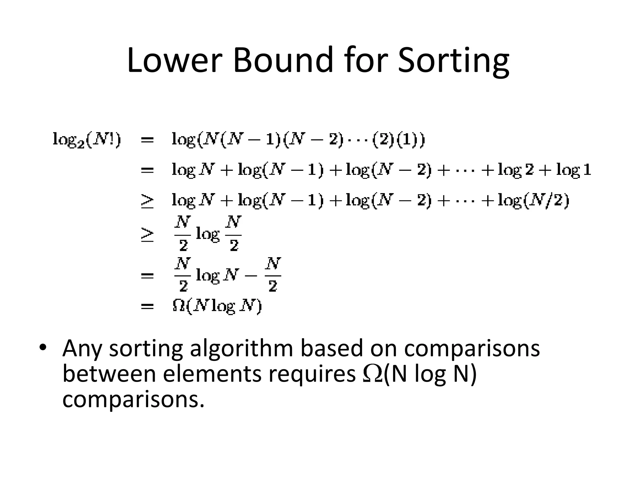 Lower Bound for SortingAny sorting algorithm based on comparisons between elements requires (N log N) comparisons.