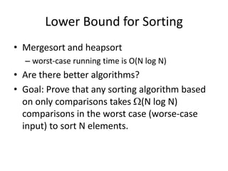 Lower Bound for SortingMergesort and heapsortworst-case running time is O(N log N)Are there better algorithms?Goal: Prove that any sorting algorithm based on only comparisons takes (N log N) comparisons in the worst case (worse-case input) to sort N elements. 