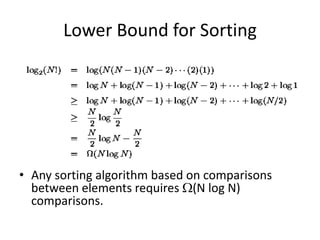 Lower Bound for SortingAny sorting algorithm based on comparisons between elements requires (N log N) comparisons.