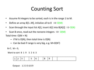 Counting SortAssume N integers to be sorted, each is in the range 1 to M.Define an array B[1..M], initialize all to 0    O(M)Scan through the input list A[i], insert A[i] into B[A[i]]  O(N)Scan B once, read out the nonzero integers   O(M)Total time: O(M + N)if M is O(N), then total time is O(N)Can be bad if range is very big, e.g. M=O(N2)N=7,  M = 9,    Want to sort  8  1  9    5  2  6  3 5893612Output:   1 2 3 5 6 8 9