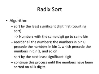 Radix SortAlgorithmsort by the least significant digit first (counting sort)    => Numbers with the same digit go to same binreorder all the numbers: the numbers in bin 0 precede the numbers in bin 1, which precede the numbers in bin 2, and so on sort by the next least significant digitcontinue this process until the numbers have been sorted on all k digits