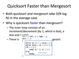 Quicksort Faster than MergesortBoth quicksort and mergesort take O(N log N) in the average case.Why is quicksort faster than mergesort?The inner loop consists of an increment/decrement (by 1, which is fast), a test and a jump. There is no extra juggling as in mergesort.inner loop