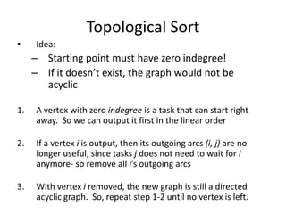 Topological SortIdea:Starting point must have zero indegree!If it doesn’t exist, the graph would not be acyclicA vertex with zero indegree is a task that can start right away.  So we can output it first in the linear orderIf a vertex i is output, then its outgoing arcs (i, j) are no longer useful, since tasks j does not need to wait for i  anymore- so remove all i’s outgoing arcsWith vertex i removed, the new graph is still a directed acyclic graph.  So, repeat step 1-2 until no vertex is left.