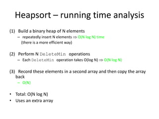 Heapsort – running time analysis(1)   Build a binary heap of N elements repeatedly insert N elements O(N log N) time    (there is a more efficient way)(2)   Perform N DeleteMin operationsEach DeleteMin operation takes O(log N)  O(N log N)(3)   Record these elements in a second array and then copy the array backO(N)Total: O(N log N)Uses an extra array