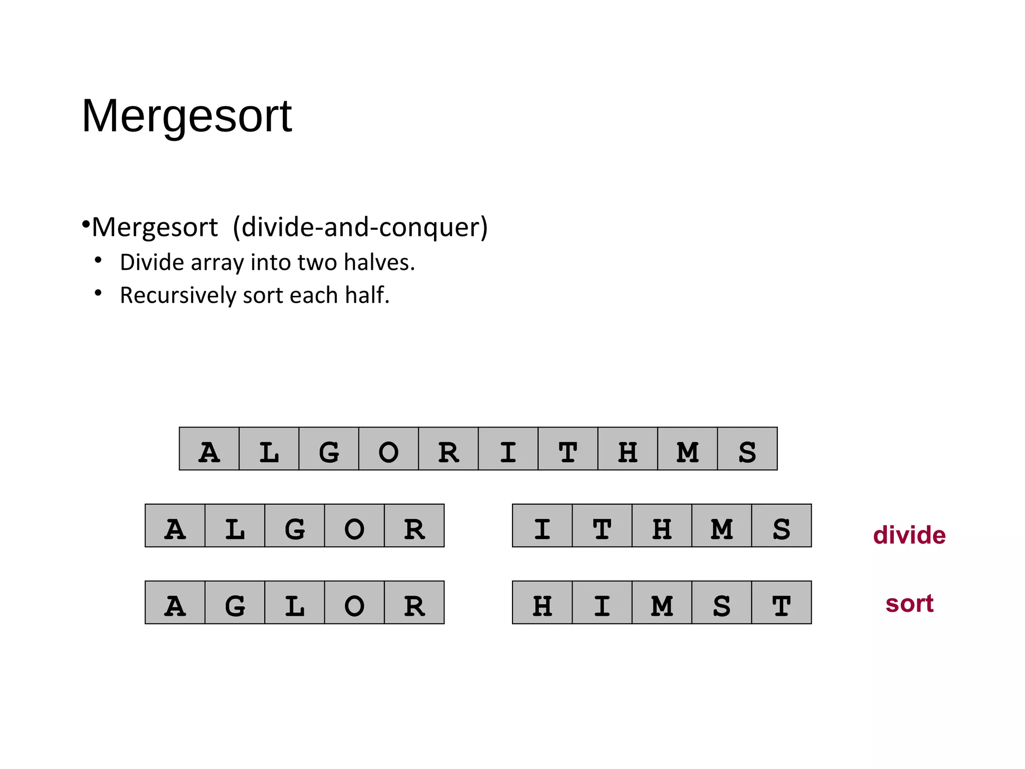 Mergesort
•Mergesort (divide-and-conquer)
• Divide array into two halves.
• Recursively sort each half.
sort
A L G O R I T H M S
divideA L G O R I T H M S
A G L O R H I M S T
 